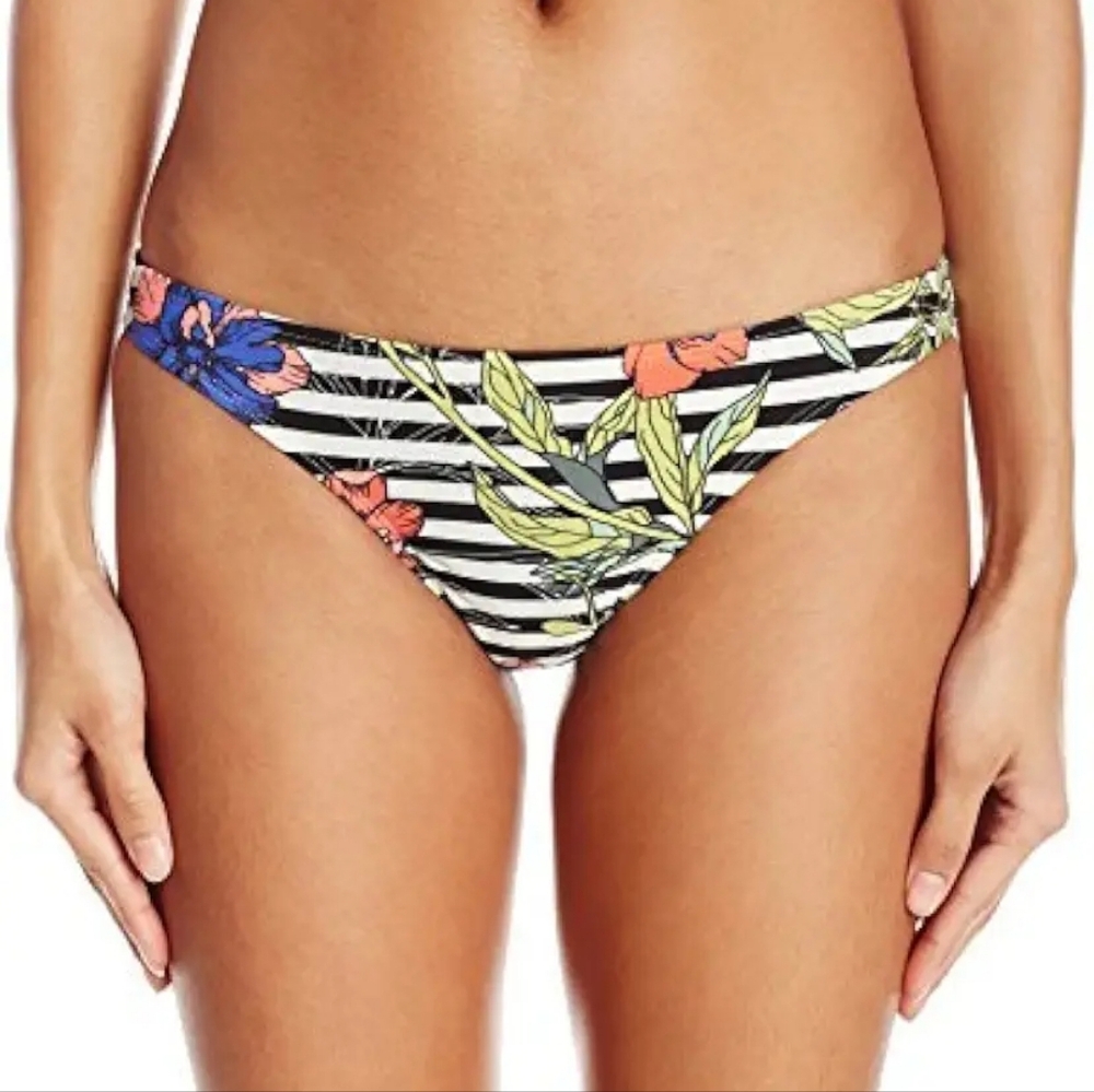 3/$20 New Eidon Black Floral Striped Bikini Bottoms Ruched Back Low Rise XS